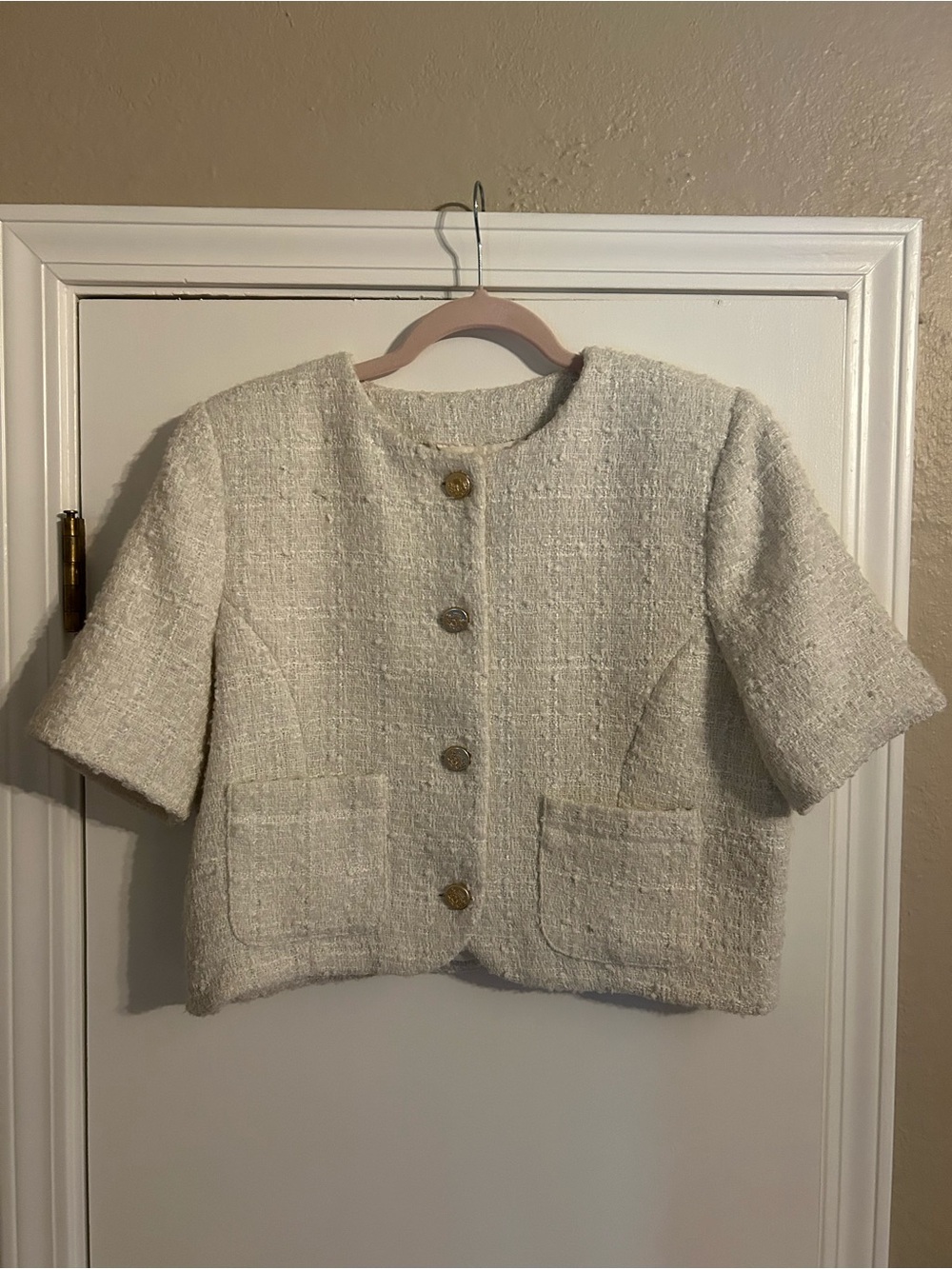 Cream Tweed Short-Sleeve Jacket